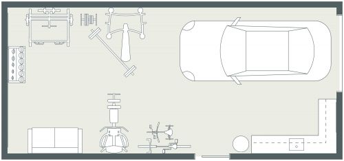 Garage Gym Floor Plan With Couch and Kitchenette