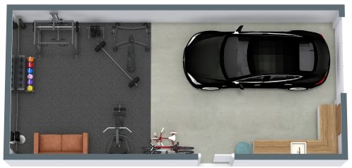 Garage Gym Floor Plan With Couch and Kitchenette