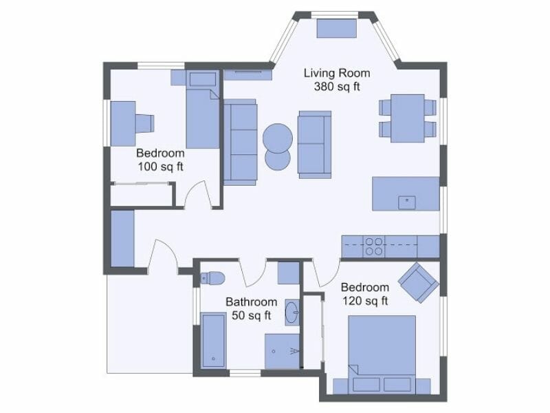 Show all furniture and fixed installations with blue fill 2D floor plan