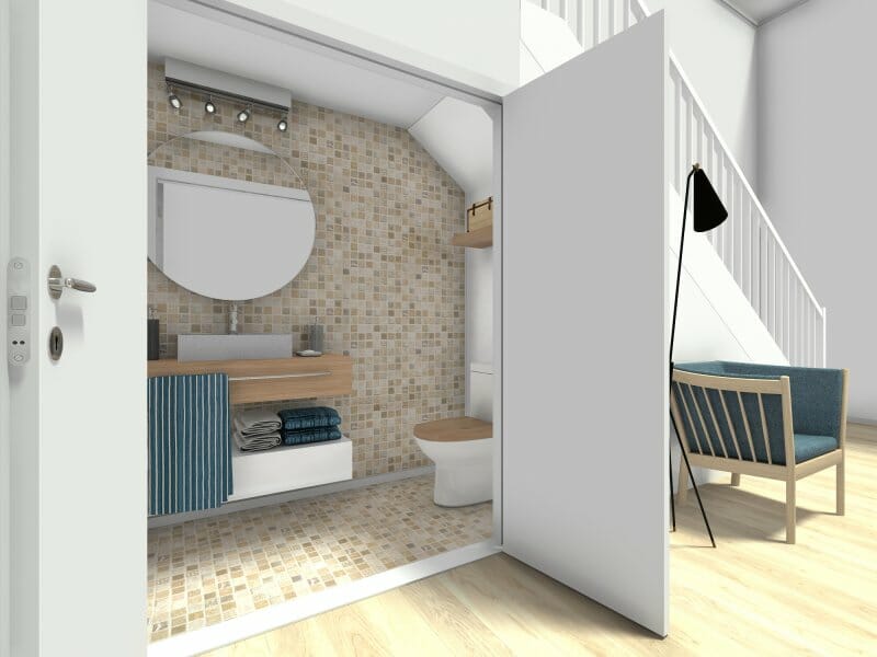 small bathroom underneath stairs