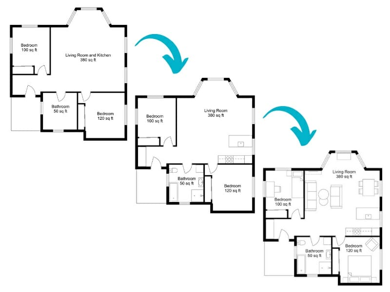 Black and white 2D floor plans