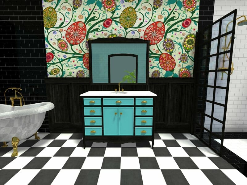 Eclectic bathroom style dark walls