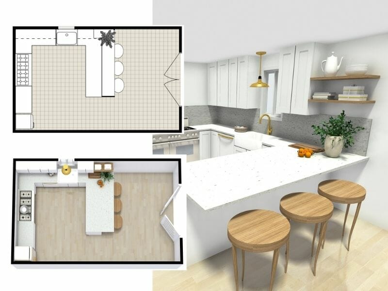 Kitchen layout with overlay of a floor plan blueprint.