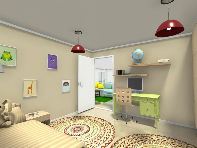 RoomSketcher Kids Rooms Bedroom Design with Desk Beige Green Red Accent Lights