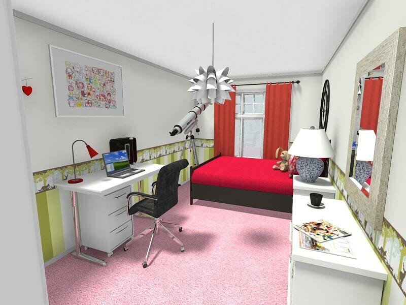 RoomSketcher Kids Rooms Girls Bedroom Design with Desk Pink Green Red