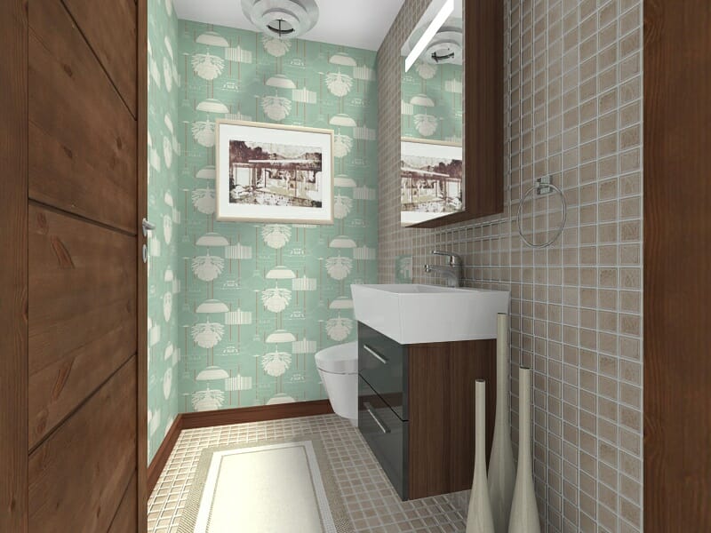 RoomSketcher Mid Century Powder Room Design Idea Harlequin Illuminate Wallpaper Dansani Inzo Vanity