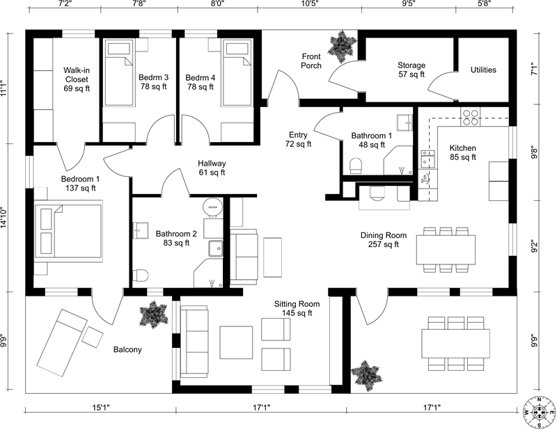 Black and white 2D floor plan