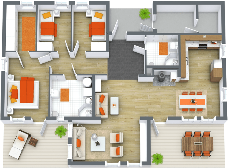 3D floor plan with orange branding profile